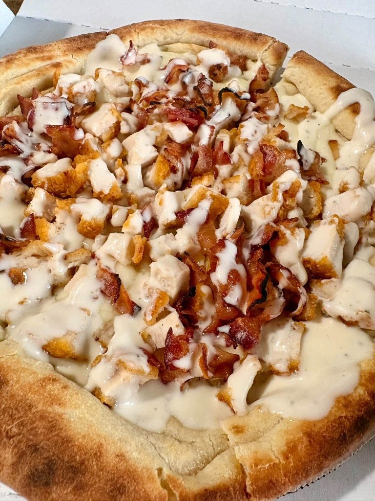 Chicken bacon ranch pizzetta on focaccia pizza dough