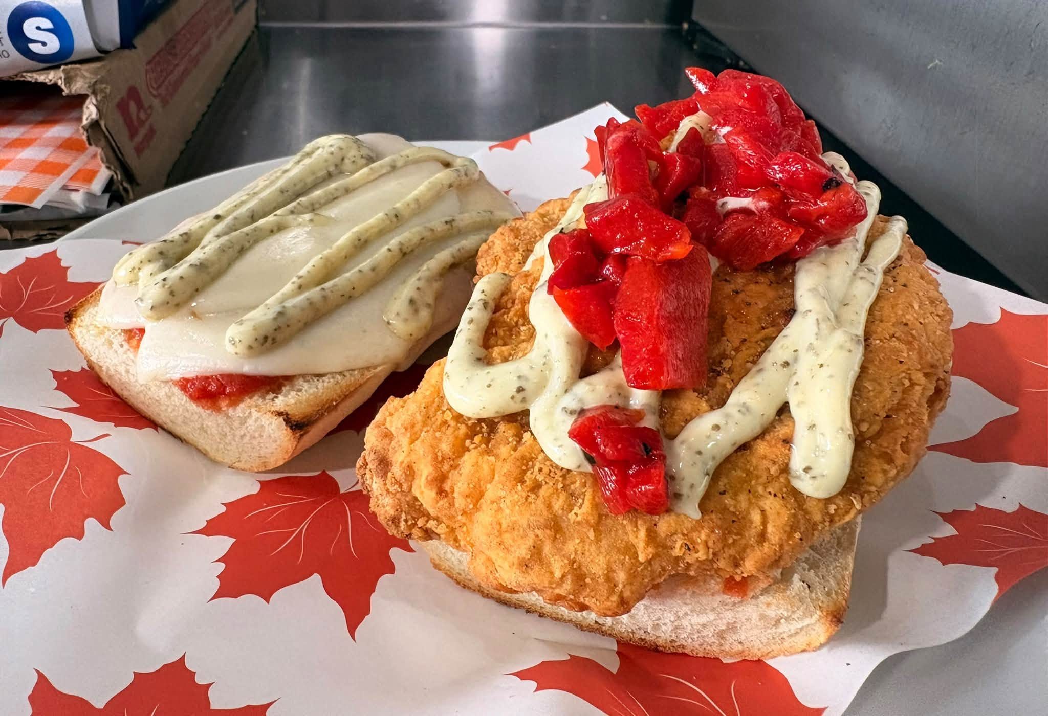 Breaded chicken cutlet subs with roasted red peppers