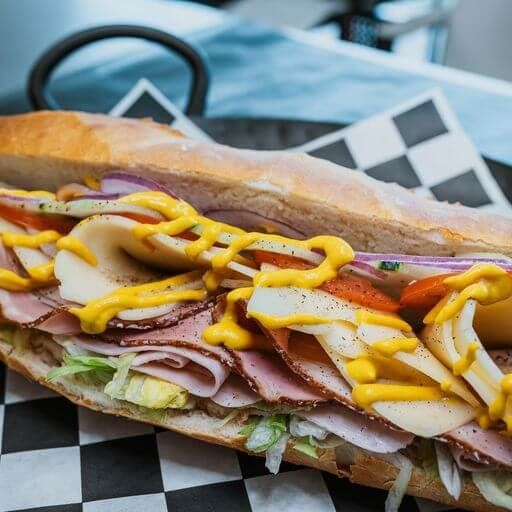 Ham and turkey sub with mustard