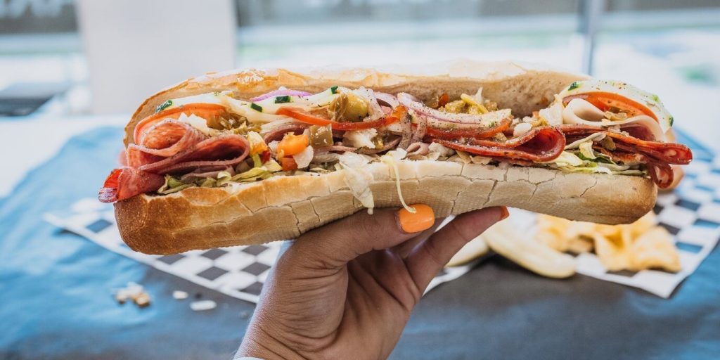 Loaded Italian sub with prosciutto, mortadella and giardiniera