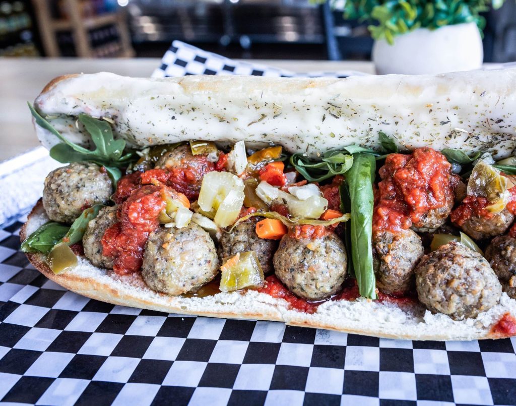 Meatball Park sub with marinara and giardiniera
