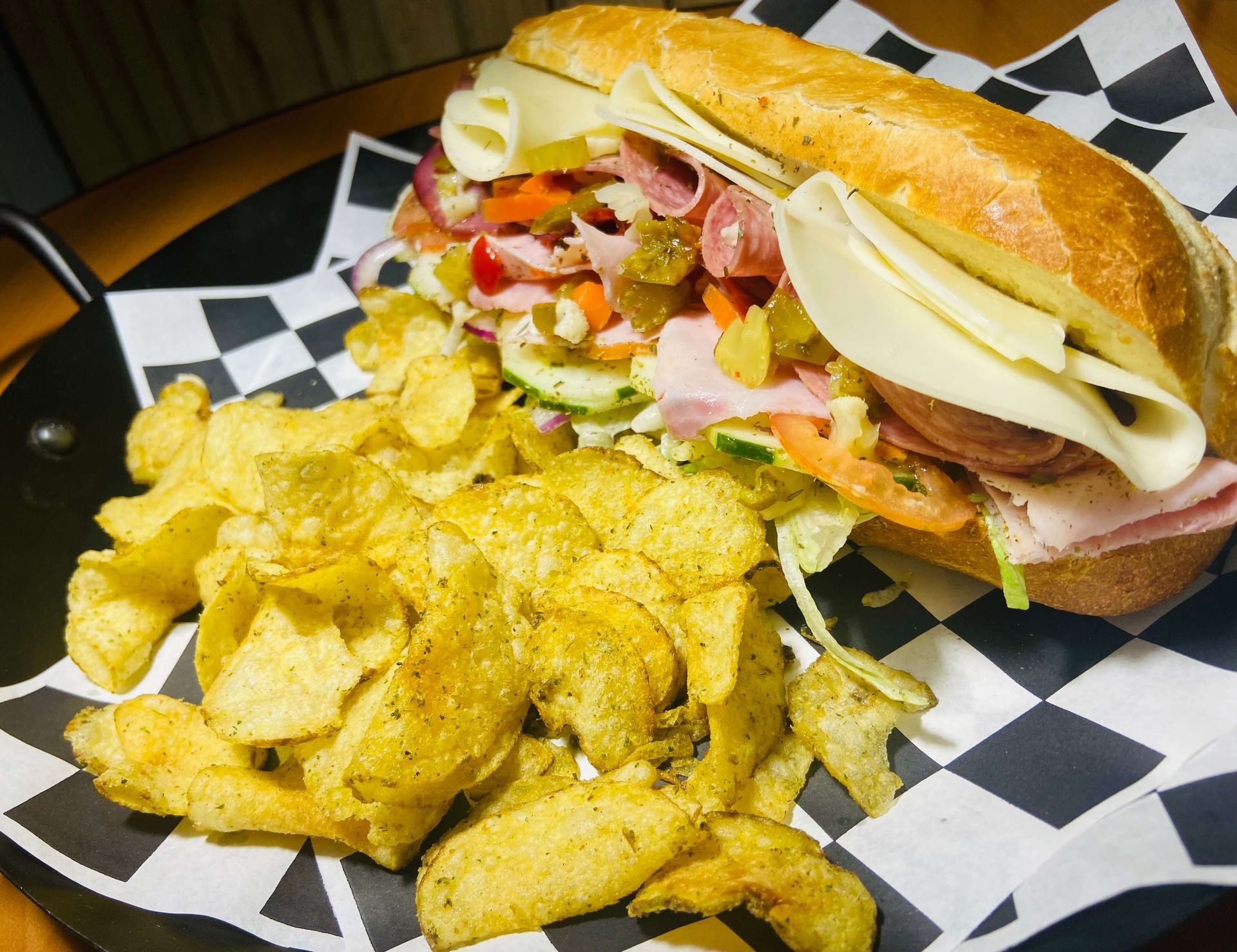 Sub with Swiss cheese and kettle chips